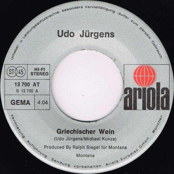 Udo Jürgens : Griechischer Wein (7", Single)