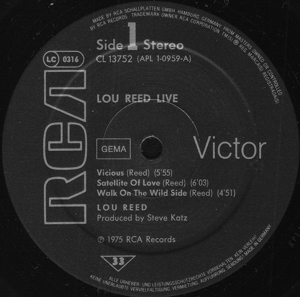 Lou Reed : Lou Reed Live (LP, Album, RE)