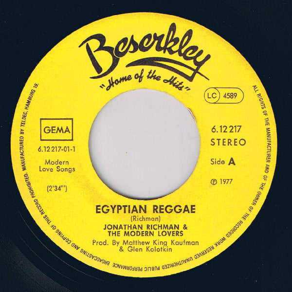 Jonathan Richman & The Modern Lovers : Egyptian Reggae / Ice Cream Man (7", Single)