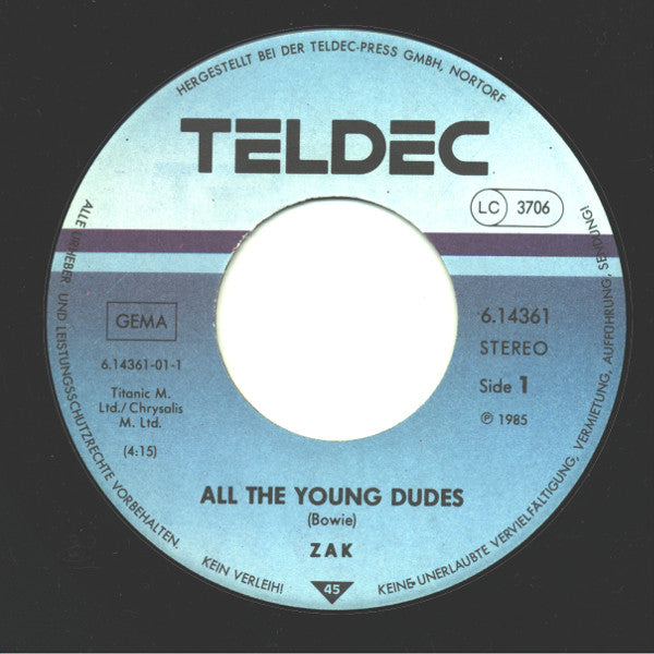 Zack Preen : All The Young Dudes / Everybody Up (7", Single, Promo)