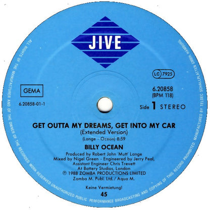 Billy Ocean : Get Outta My Dreams, Get Into My Car (12", Maxi)