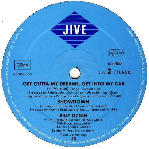 Billy Ocean : Get Outta My Dreams, Get Into My Car (12", Maxi)