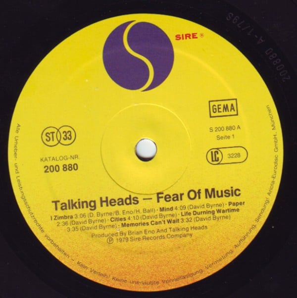 Talking Heads : Fear Of Music (LP, Album, Emb)