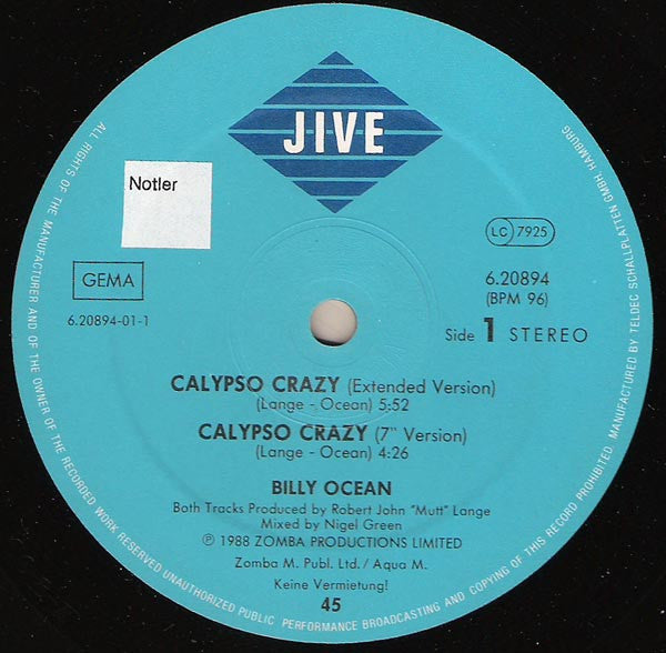 Billy Ocean : Calypso Crazy (12", Maxi)