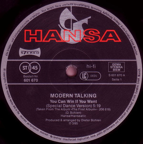 Modern Talking : You Can Win If You Want (Special Dance Version) (12", Maxi)