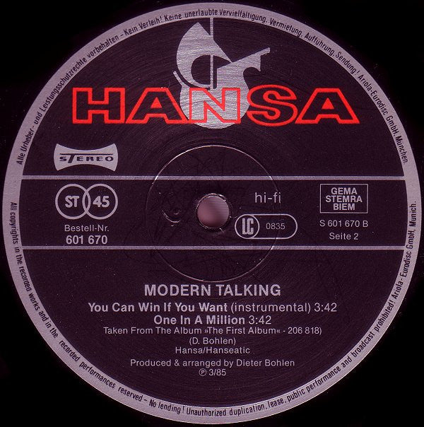 Modern Talking : You Can Win If You Want (Special Dance Version) (12", Maxi)