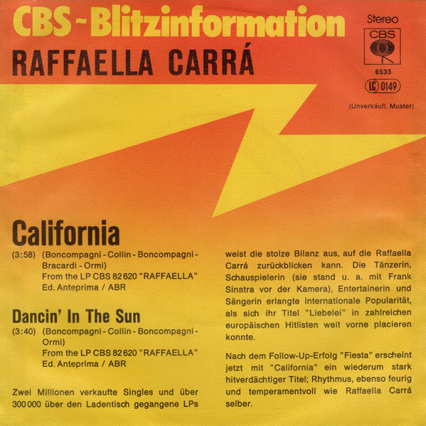 Raffaella Carra'* : California (7", Single, Promo)