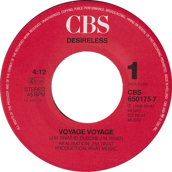 Desireless : Voyage Voyage (7", Single)