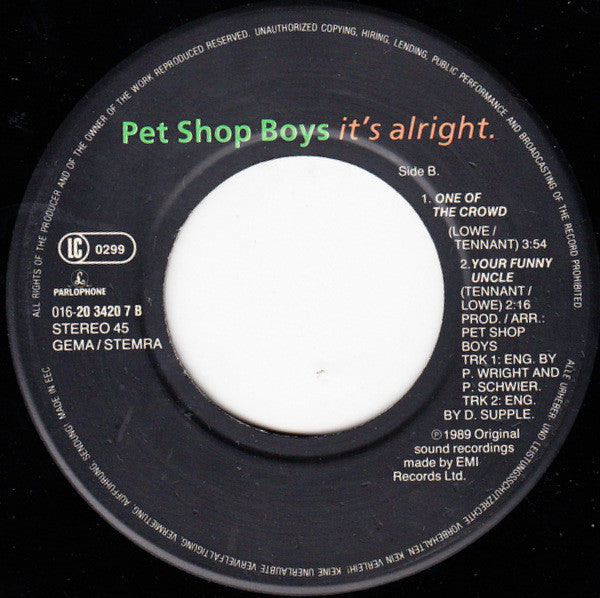 Pet Shop Boys : It's Alright (7", Single)