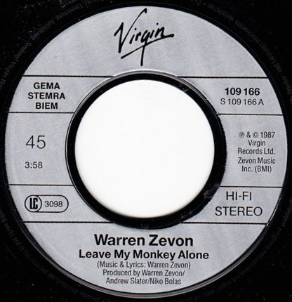 Warren Zevon : Leave My Monkey Alone (7", Single)