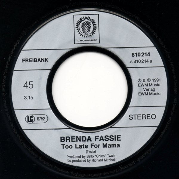 Brenda Fassie : Too Late For Mama (7", Single, Mono)