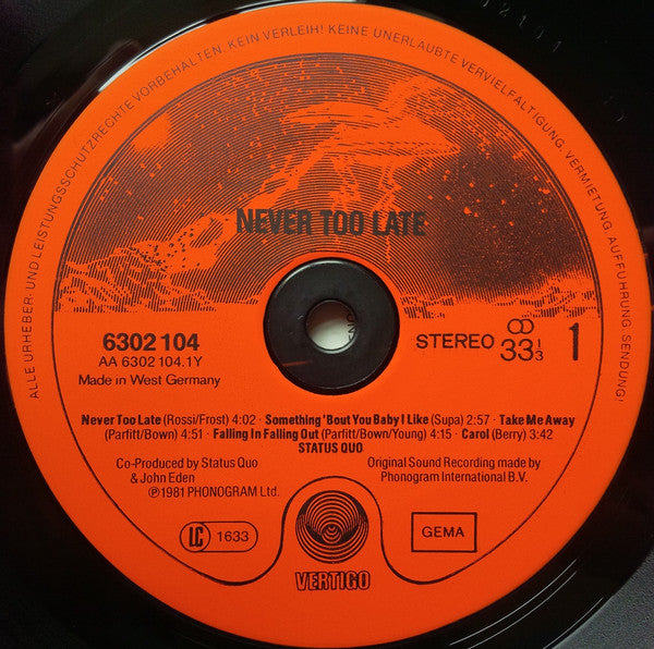 Status Quo : Never Too Late (LP, Album, Red)