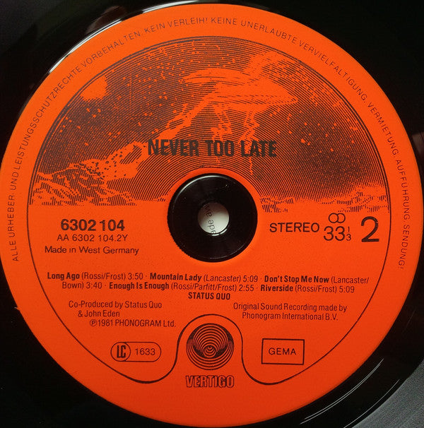 Status Quo : Never Too Late (LP, Album, Red)