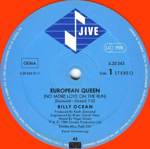 Billy Ocean : European Queen (No More Love On The Run) (12", Maxi, Ora)