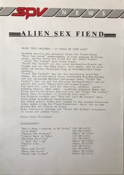 Alien Sex Fiend : Stuff The Turkey / They All Call Me Crazee (12", Single, Ltd, Red)