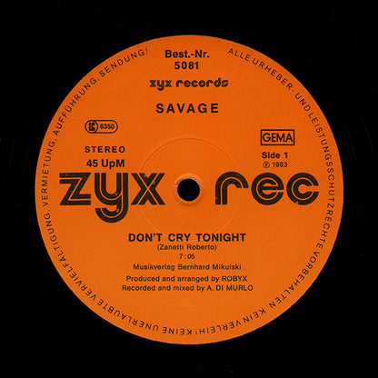 Savage : Don't Cry Tonight (12", Maxi, Ora)