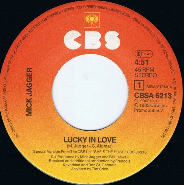 Mick Jagger : Lucky In Love (7", Single)