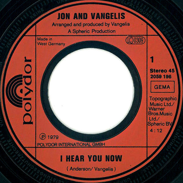 Jon And Vangelis* : I Hear You Now (7", Single)