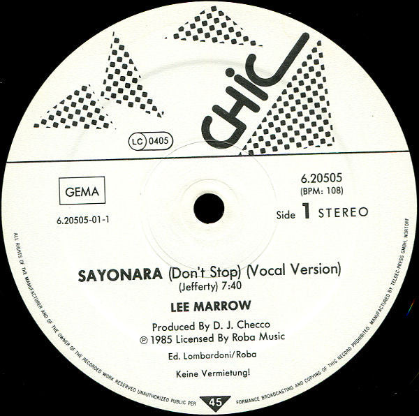 Lee Marrow : Sayonara (Don't Stop...) (12", Maxi)