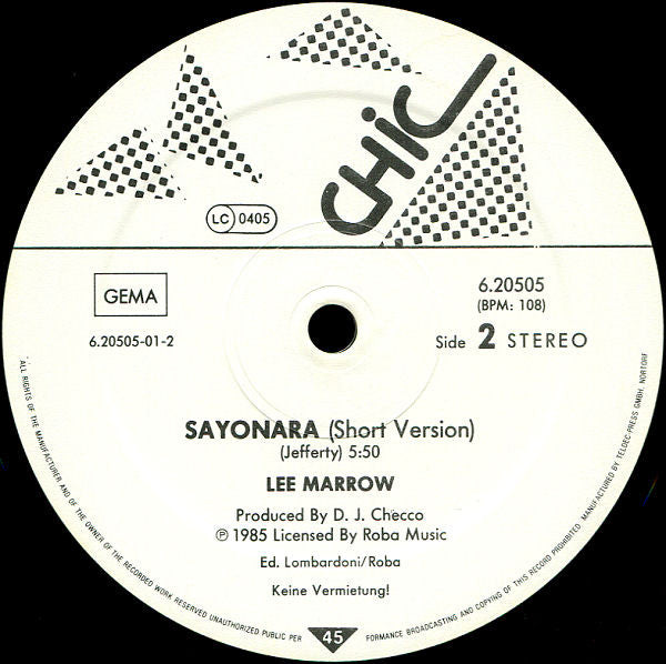 Lee Marrow : Sayonara (Don't Stop...) (12", Maxi)