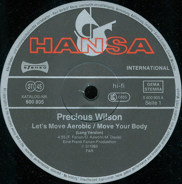 Precious Wilson / The Farian Orchestra : Let's Move Aerobic (Long Version) / Red Light / Concerto For Meditation (12")