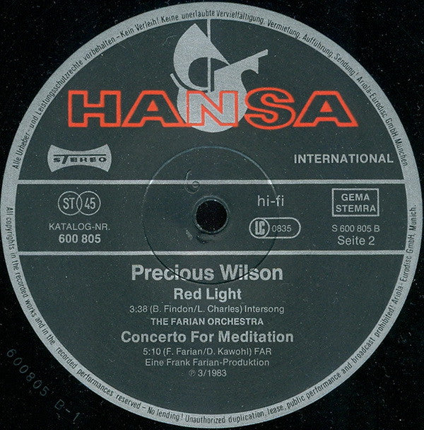 Precious Wilson / The Farian Orchestra : Let's Move Aerobic (Long Version) / Red Light / Concerto For Meditation (12")