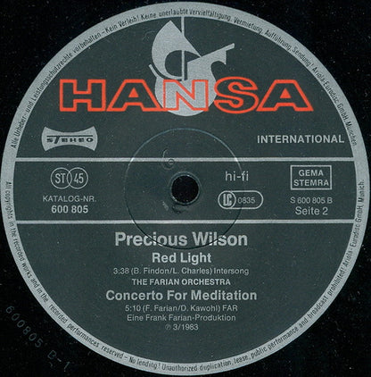 Precious Wilson / The Farian Orchestra : Let's Move Aerobic (Long Version) / Red Light / Concerto For Meditation (12")