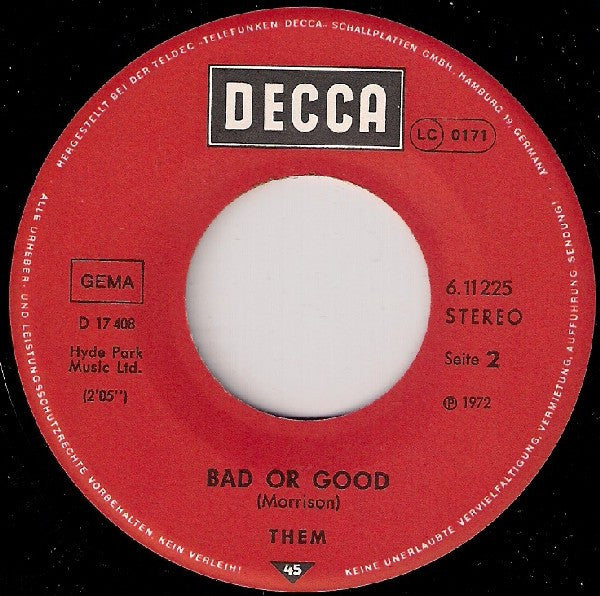 Them (3) : It's All Over Now, Baby Blue / Bad Or Good (7", Single, RE)