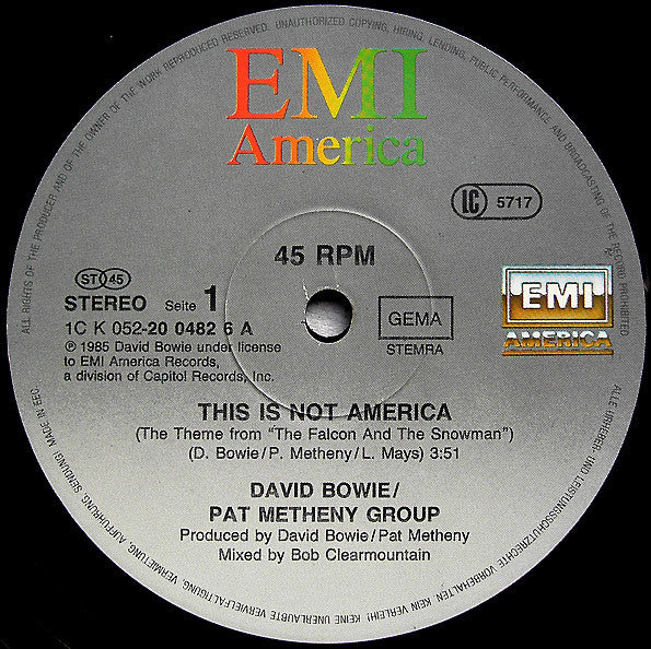 David Bowie / Pat Metheny Group : This Is Not America (Theme From The Original Motion Picture, The Falcon And The Snowman) (12", Maxi)