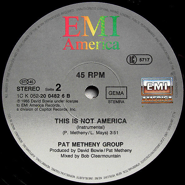 David Bowie / Pat Metheny Group : This Is Not America (Theme From The Original Motion Picture, The Falcon And The Snowman) (12", Maxi)