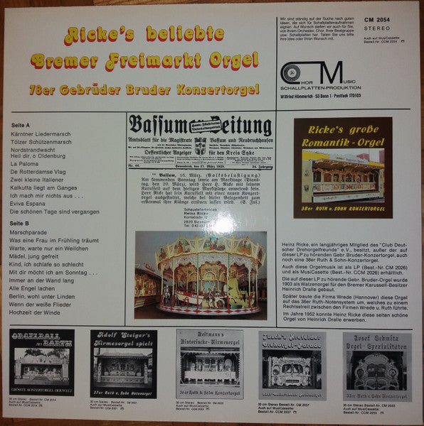 78er Gebrüder Bruder Konzertorgel : Ricke's Beliebte Bremer Freimarkt Orgel (LP)