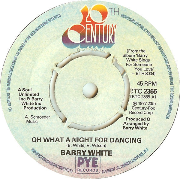 Barry White : Oh What A Night For Dancing (7", Single)