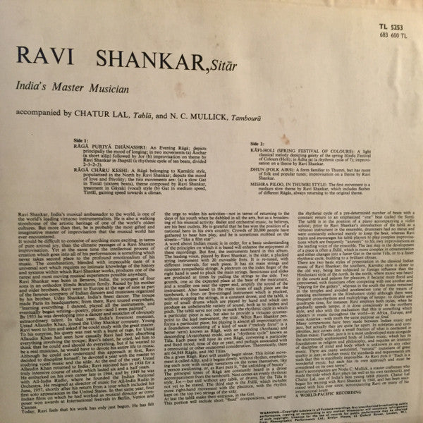 Ravi Shankar : India's Master Musician (LP, Album, Mono, RE)