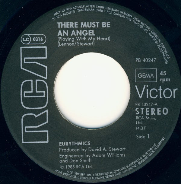 Eurythmics : There Must Be An Angel (Playing With My Heart) (7", Single)