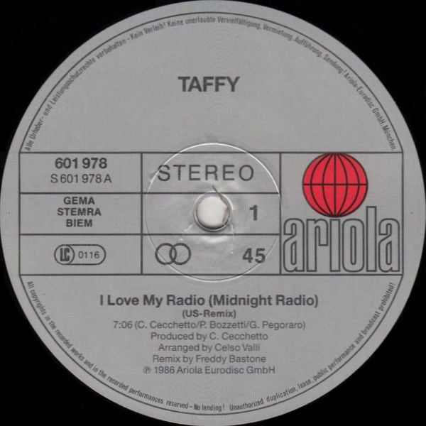 Taffy : I Love My Radio (Midnight Radio) (US-Remix) (12", Maxi)