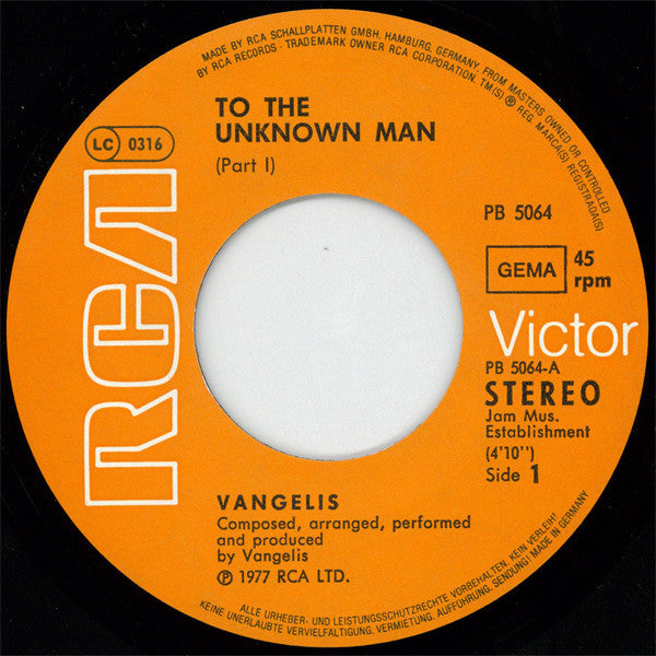 Vangelis : To The Unknown Man (Part I & Part II) (7", Single, Pur)