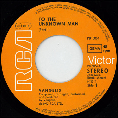 Vangelis : To The Unknown Man (Part I & Part II) (7", Single, Pur)