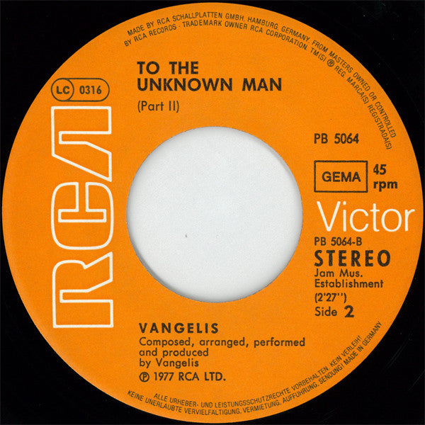 Vangelis : To The Unknown Man (Part I & Part II) (7", Single, Pur)