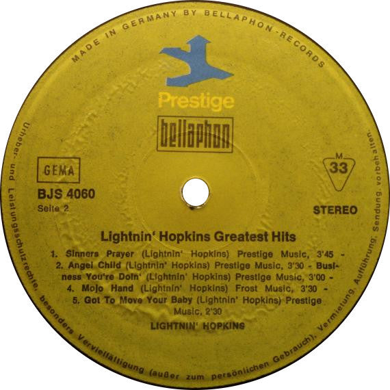 Lightnin' Hopkins : Greatest Hits! (LP, Comp, RE)