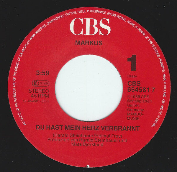 Markus (6) : Du Hast Mein Herz Verbrannt (7", Promo, Gat)