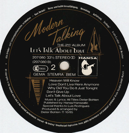 Modern Talking : Let's Talk About Love (The 2nd Album) (LP, Album, Sti)