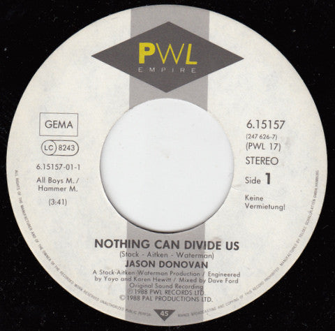 Jason Donovan : Nothing Can Divide Us (7", Single)