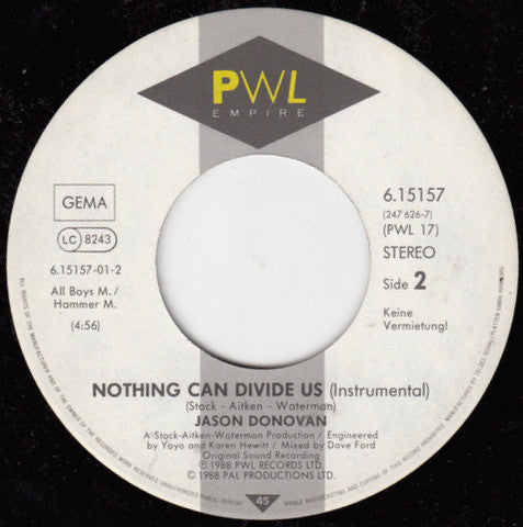 Jason Donovan : Nothing Can Divide Us (7", Single)