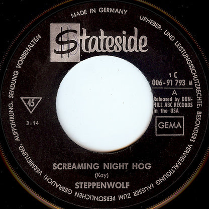 Steppenwolf : Screaming Night Hog (7", Single, Mono)