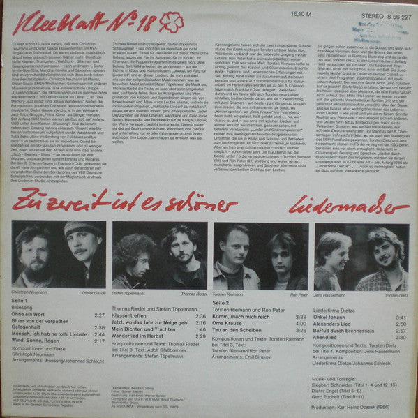 Various : Kleeblatt No. 18 - Zu Zweit Ist Es Schöner - Liedermacher (LP, Comp)