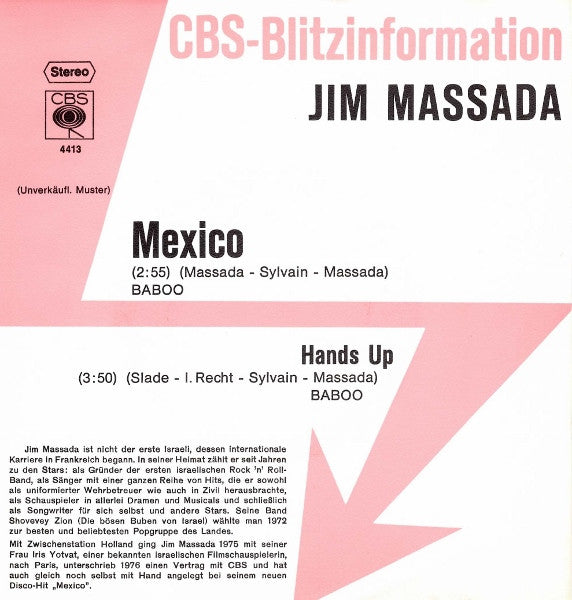 Jim Massada : Mexico / Hands Up (7", Single, Promo)