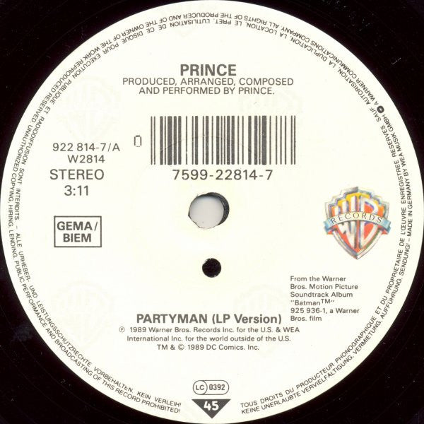 Prince : Partyman (7", Single, Sma)