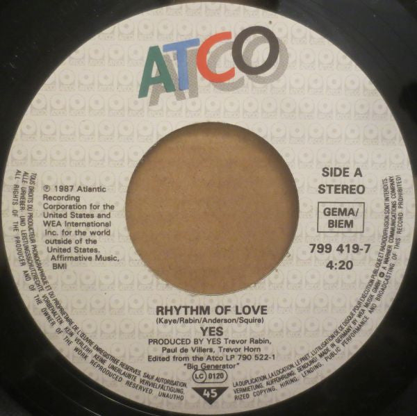 Yes : Rhythm Of Love (7", Single)