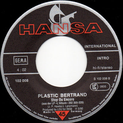 Plastic Bertrand : Téléphone À Téléphone Mon Bijou (7")