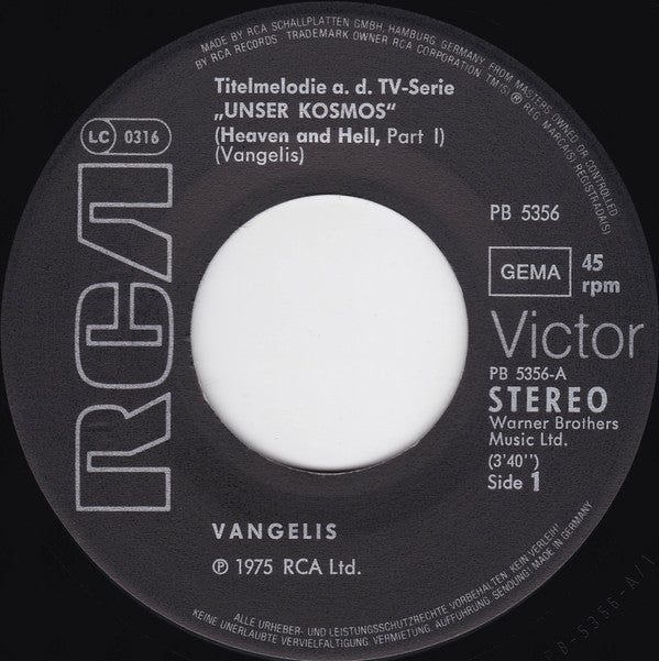 Vangelis : Titelmelodie Aus Der TV-Serie "Unser Kosmos" (7", Single)